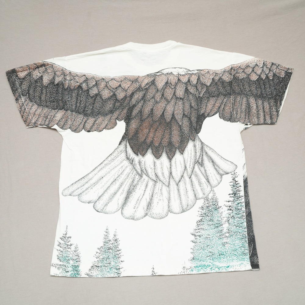 Vintage 90s AOP All Over Print Front & Back Massive Eagle Wings T Shirt XL - Picture 3 of 6